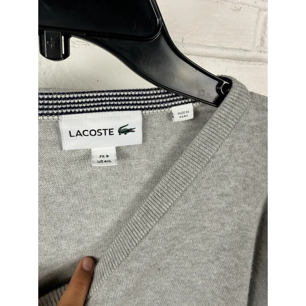 Lacoste Mens 4XL Gray V Neck Sweater 100% Cotton Crocodile Logo Big Tall